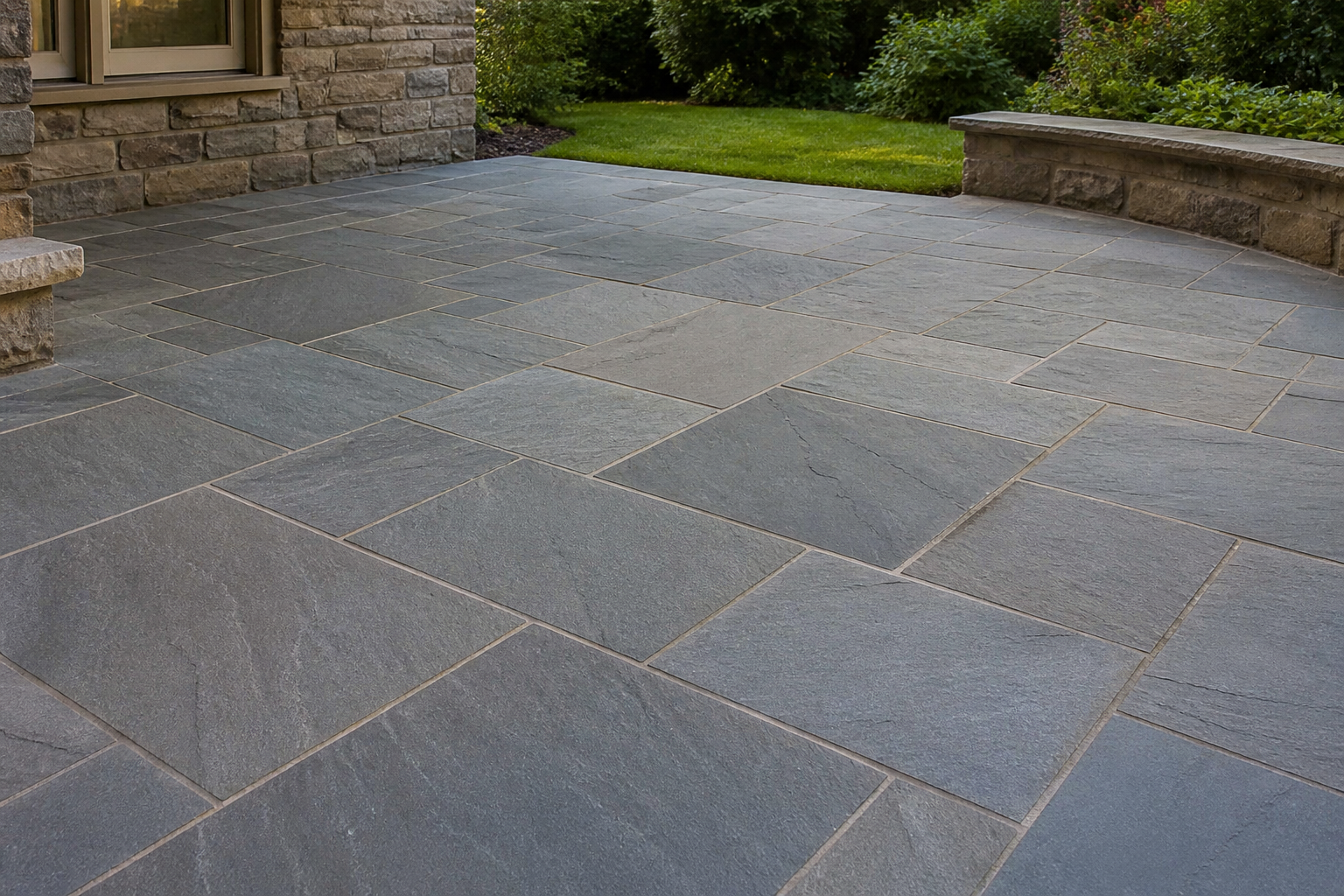Natural bluestone patio surface showing blue-gray thermal finish and tight joints — representative design concept