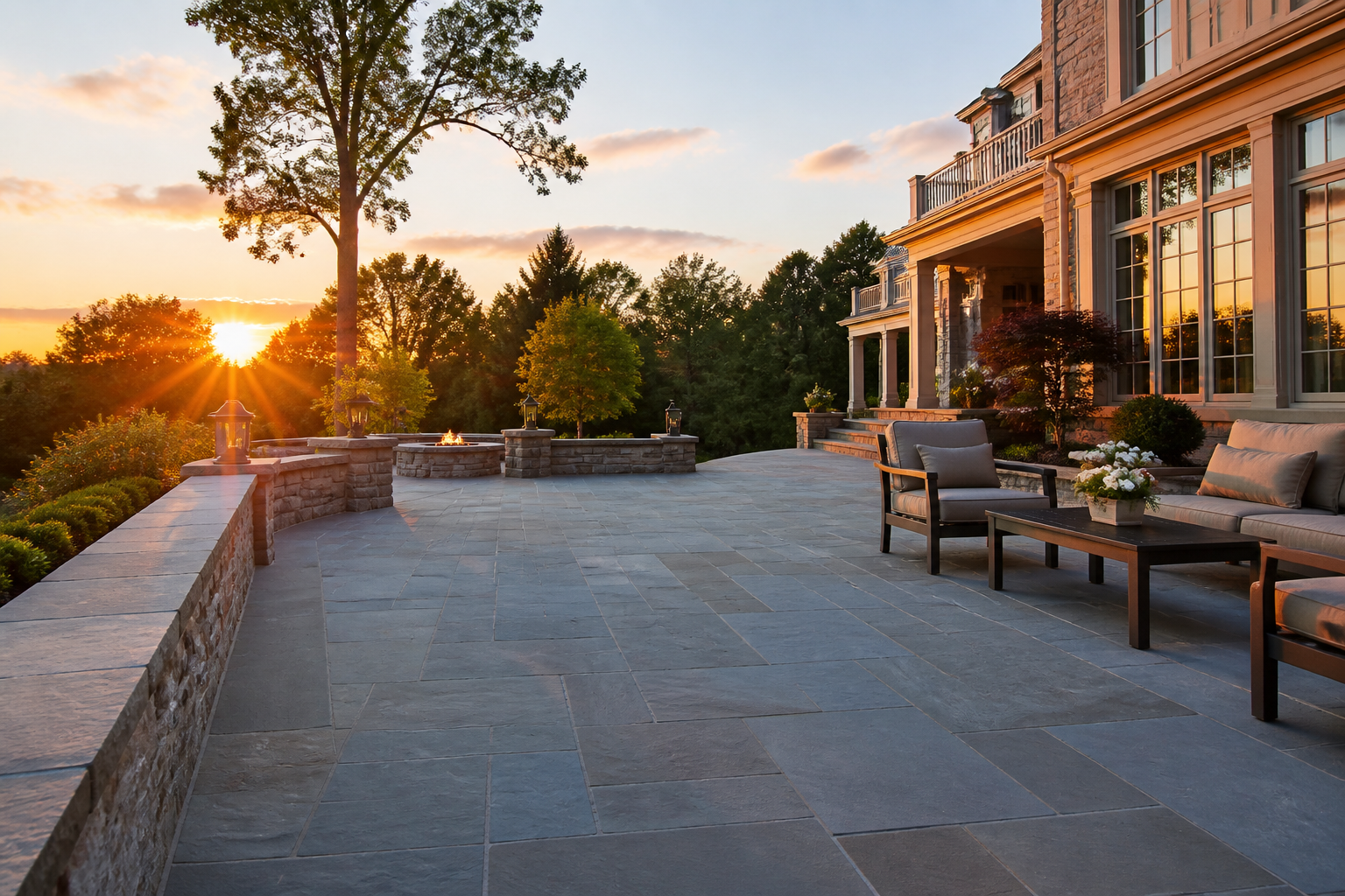 Wide thermal bluestone patio with outdoor seating and refined landscaping at an upscale NJ home — representative design concept