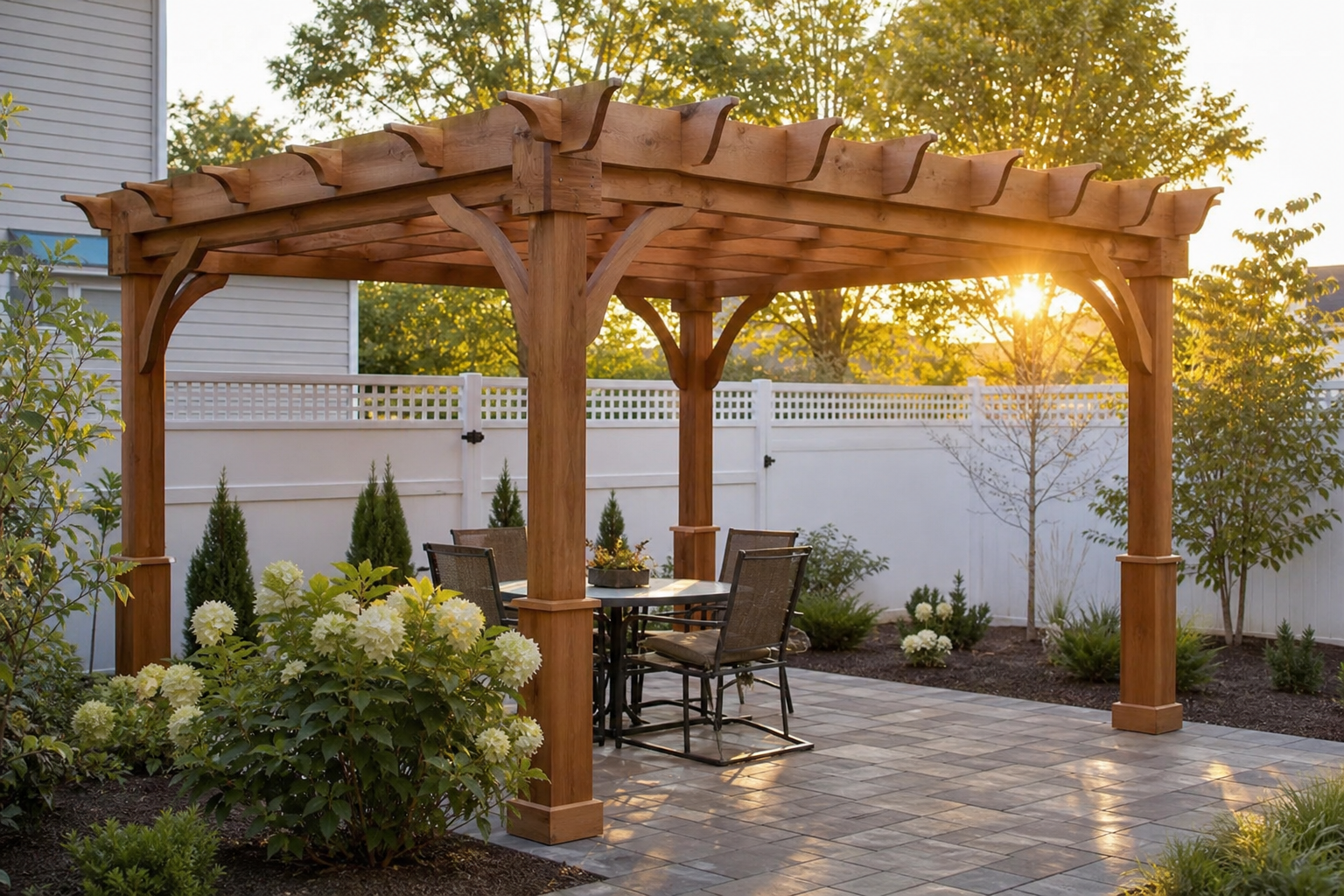 Freestanding cedar pergola on a stone paver patio in golden-hour light — representative design concept