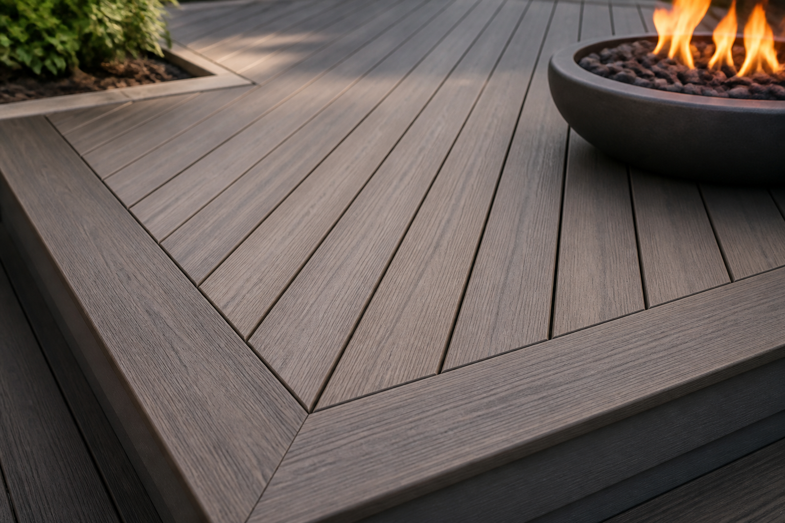 Close-up of premium composite deck boards with picture-frame border — representative design concept