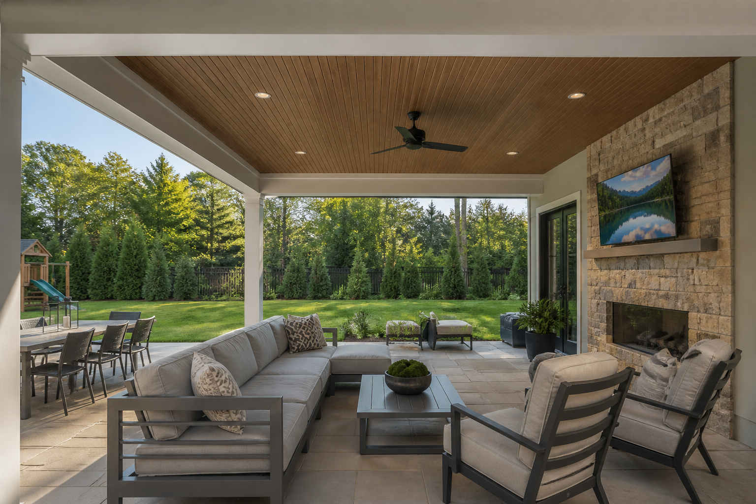 Furnished outdoor room beneath a permanent roof attached to the house — representative design concept