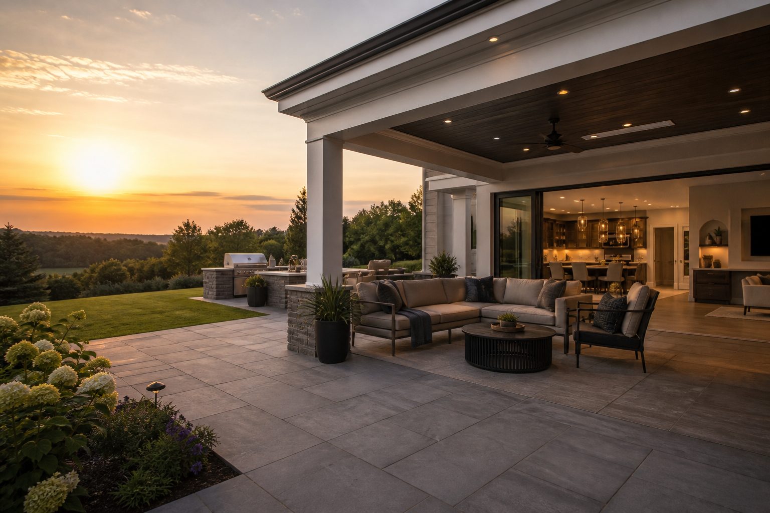 Roofed outdoor living space with seating integrated with a home via sliding glass doors — representative design concept