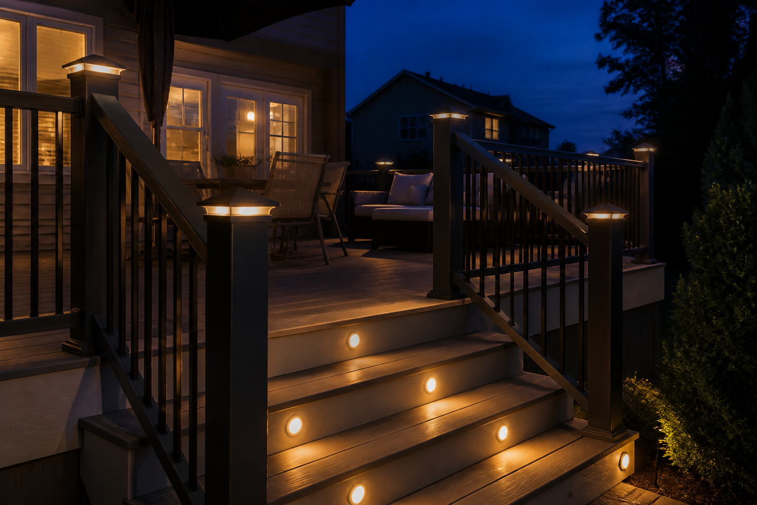 Warm LED lights integrated into composite deck stairs and railings at twilight — representative design concept