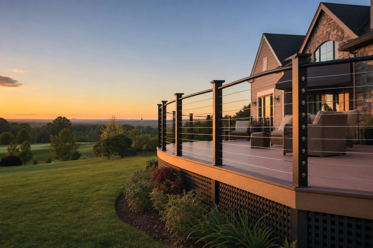 Upscale deck where stainless cable railing preserves views over a landscaped yard — representative design concept