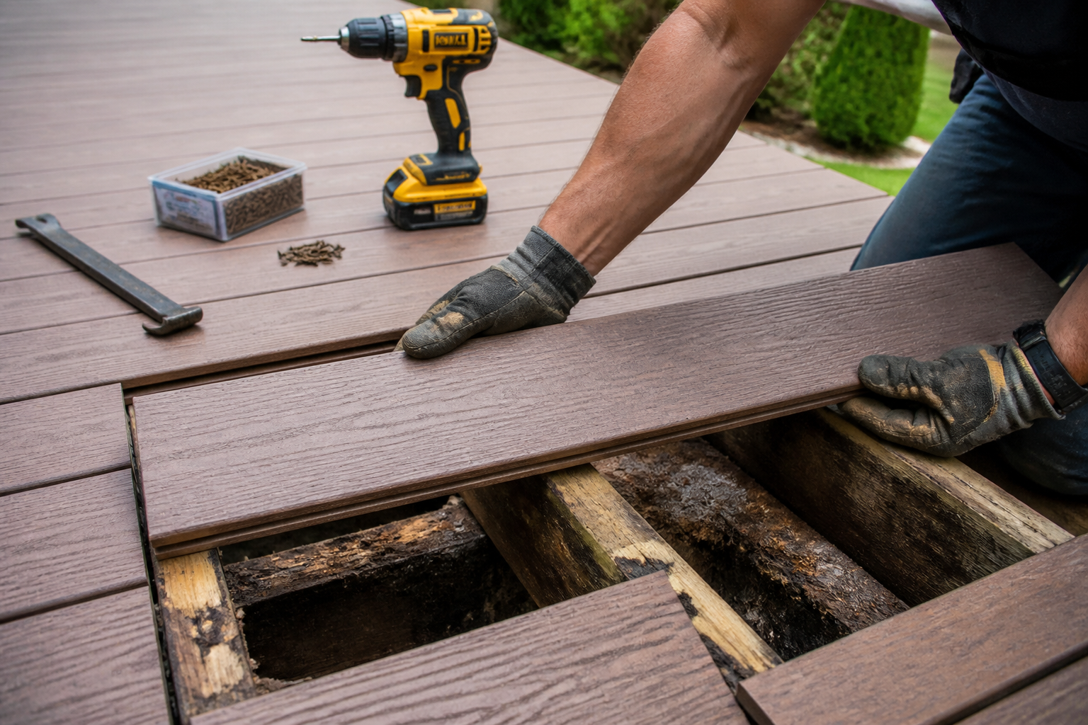 Close-up of deck board replacement during a residential repair project — representative design concept