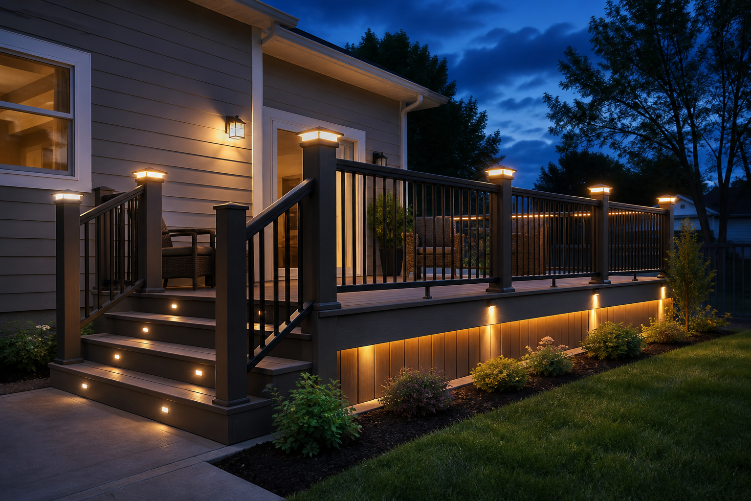Composite deck with warm LED post-cap and stair riser lighting photographed at dusk — representative design concept