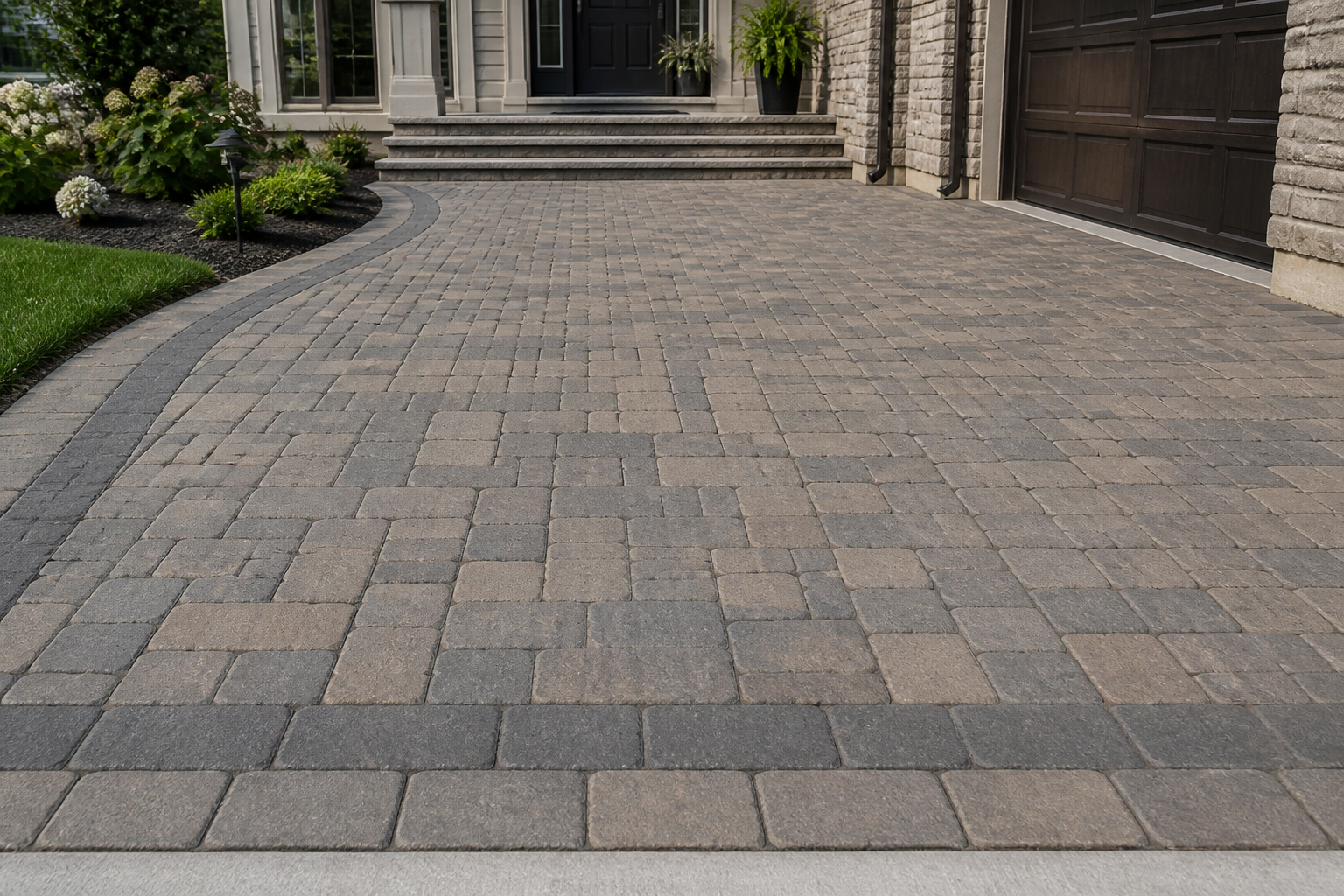 Driveway paver pattern and apron detail leading toward a residential garage — representative design concept