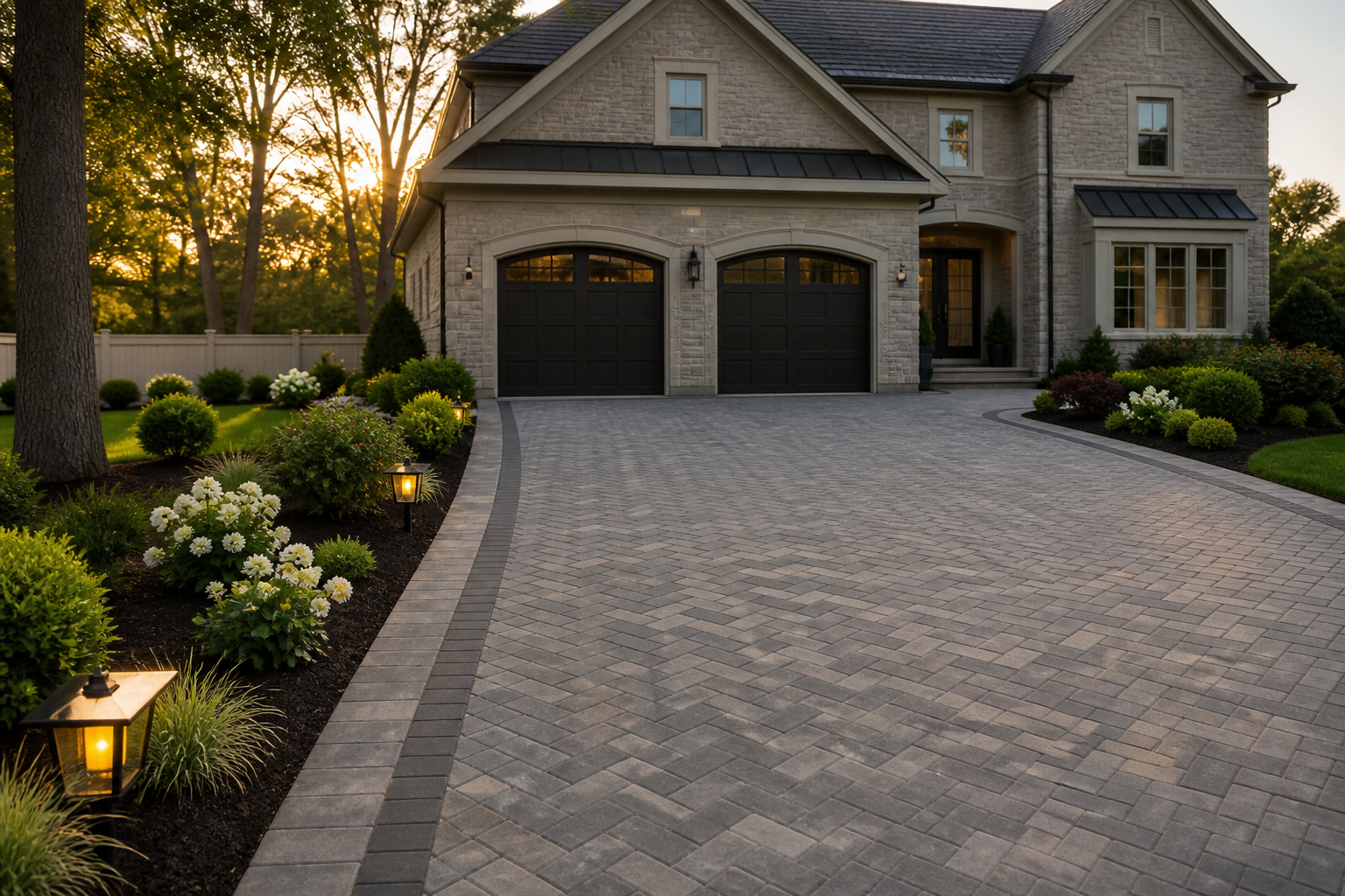 Upscale paver driveway approaching a Northern New Jersey home with clean border detailing — representative design concept