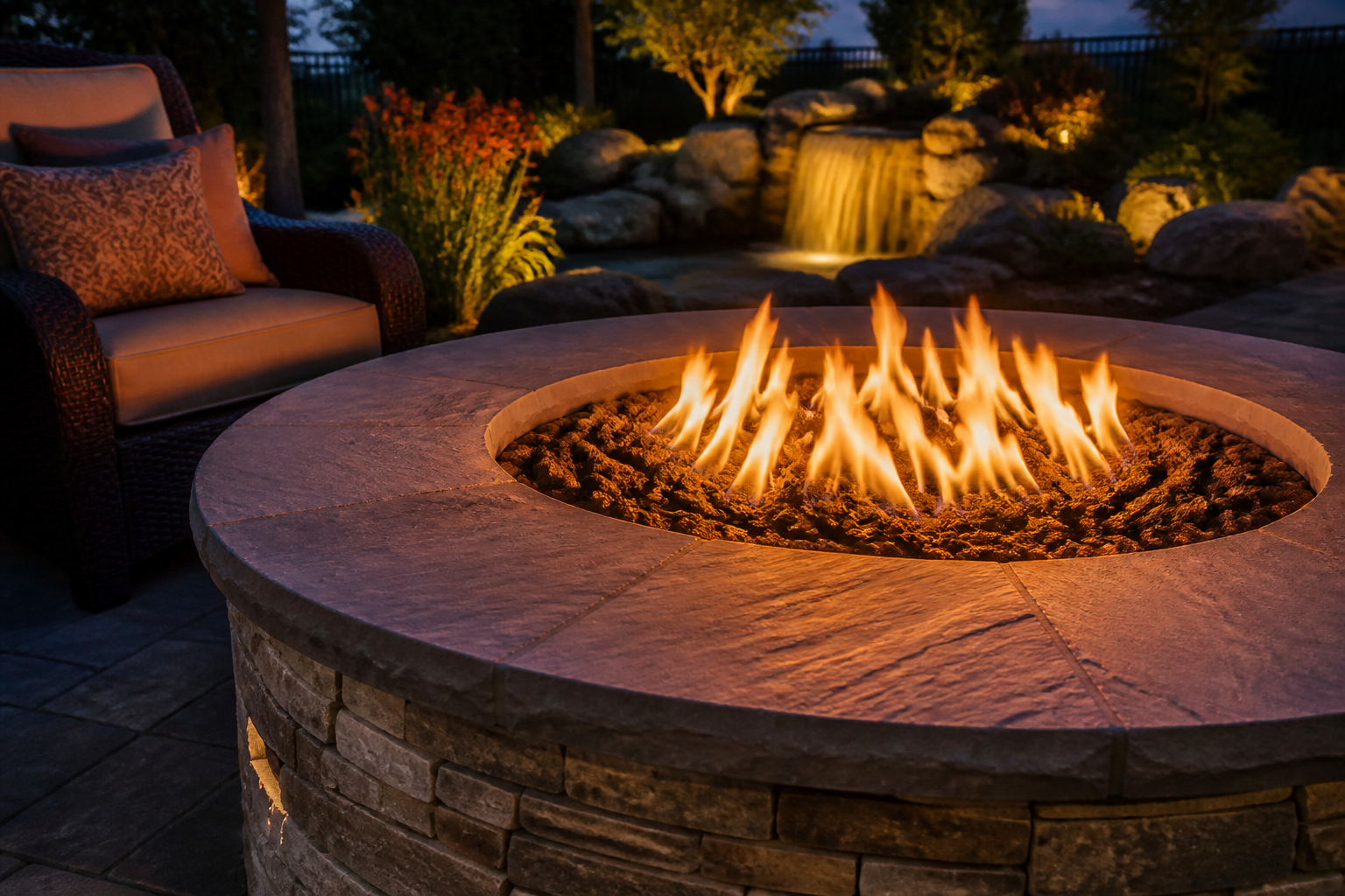 Stone fire pit with visible flame and stonework coping at dusk — representative design concept