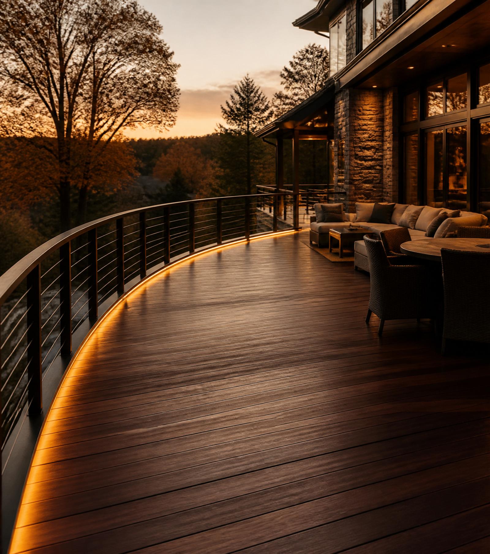 Luxury custom mahogany deck at golden hour with warm cove lighting