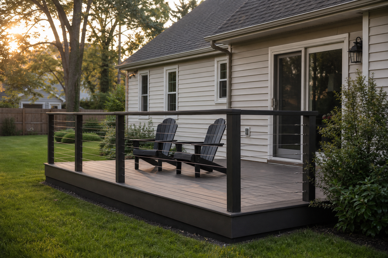 Low charcoal composite deck with black cable railings and Adirondack chairs at golden hour — representative design concept