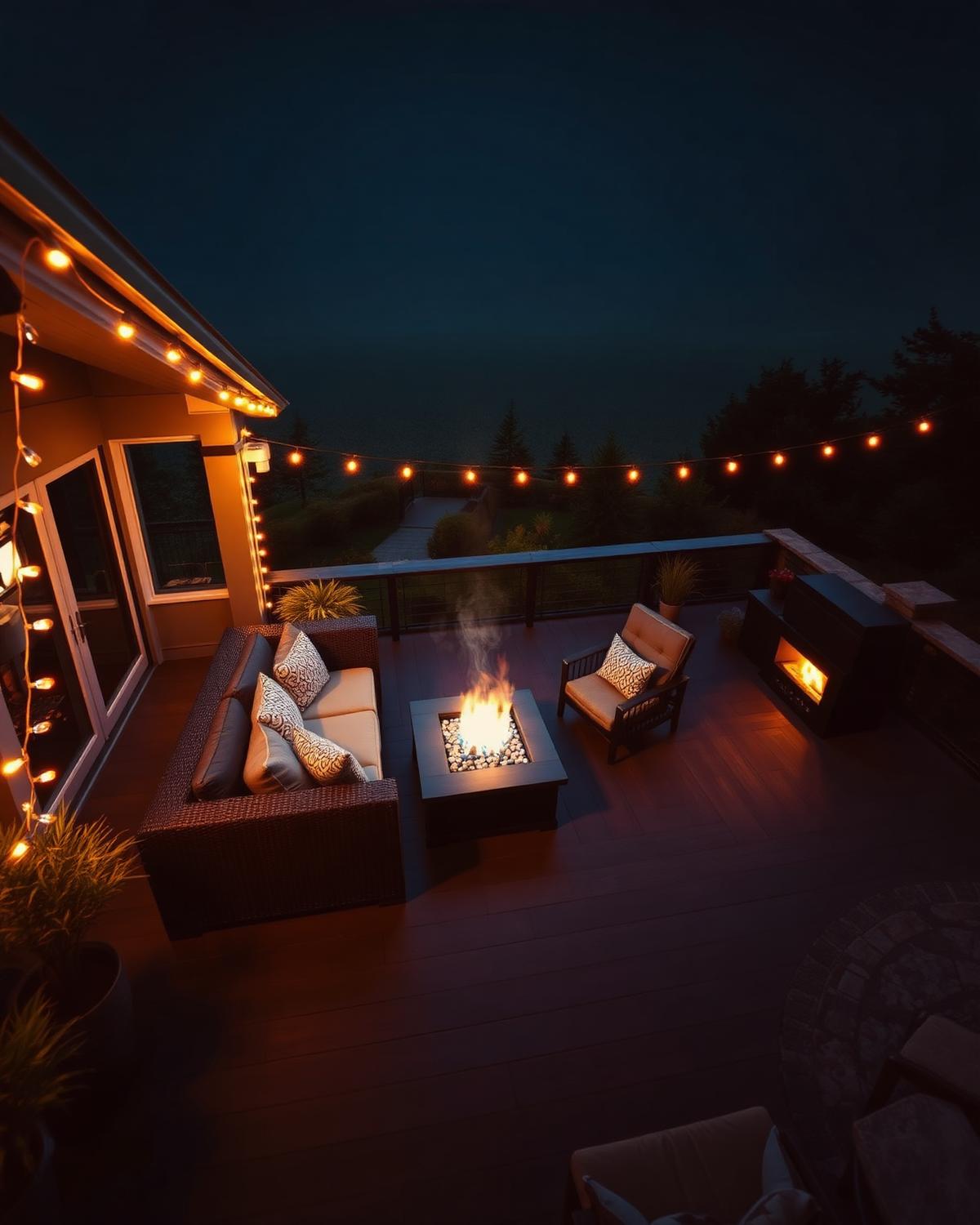 Dusk outdoor living space with fire feature and string lights