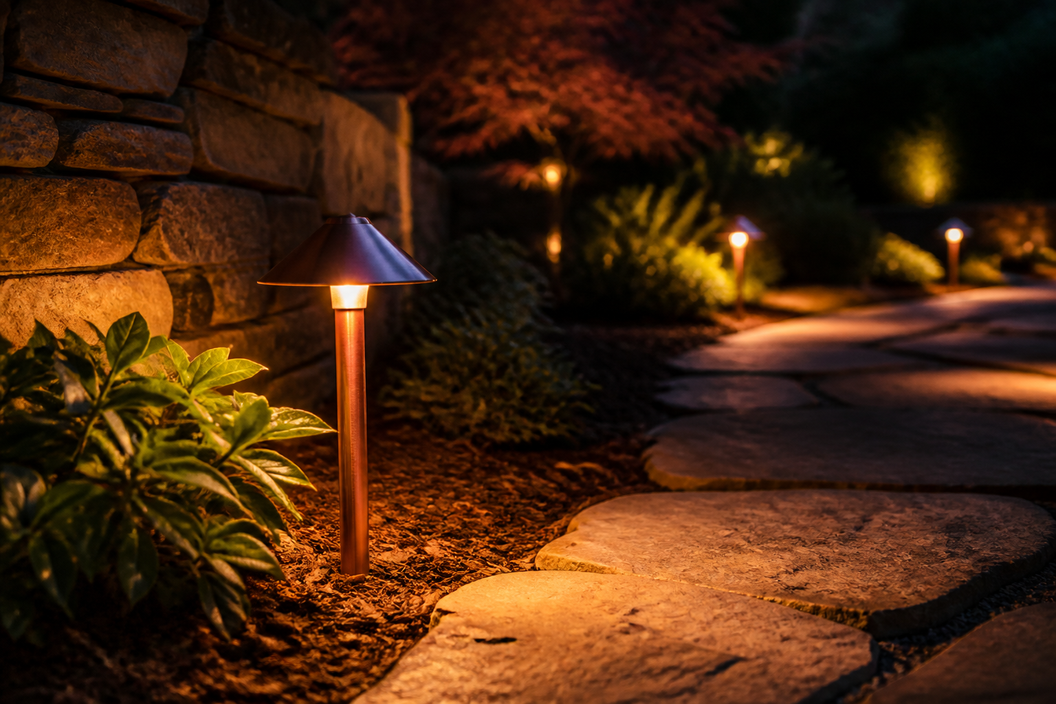 Path light illuminating a garden walkway beside a stone wall at night — representative design concept