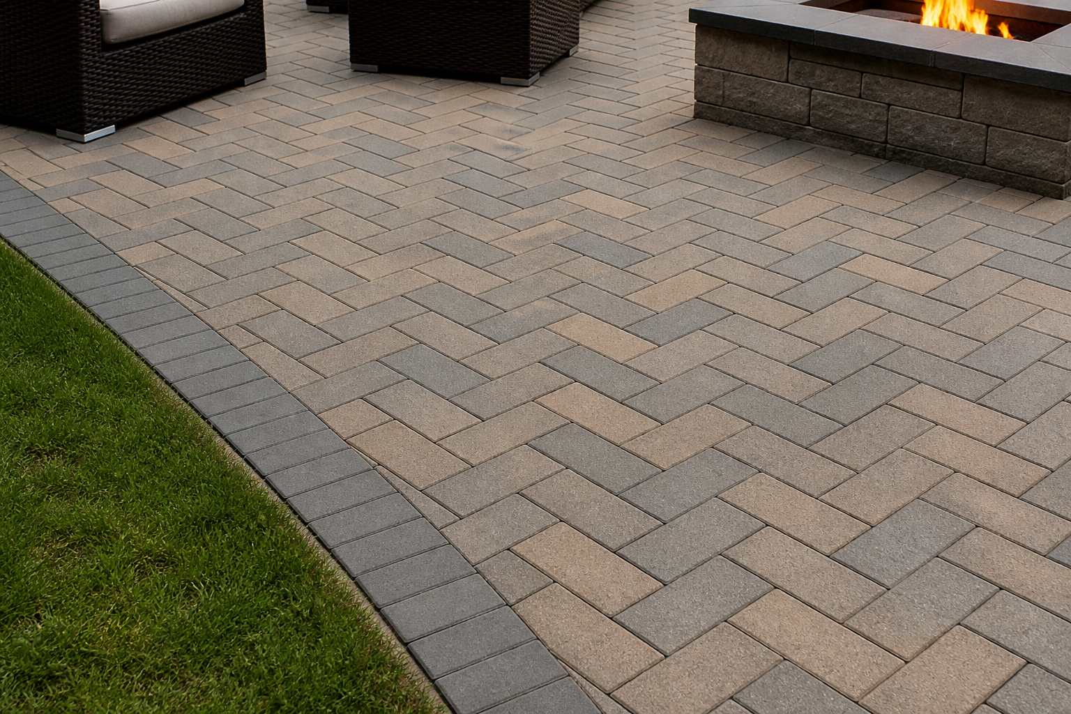 Herringbone paver patio pattern with soldier-course border detail — representative design concept