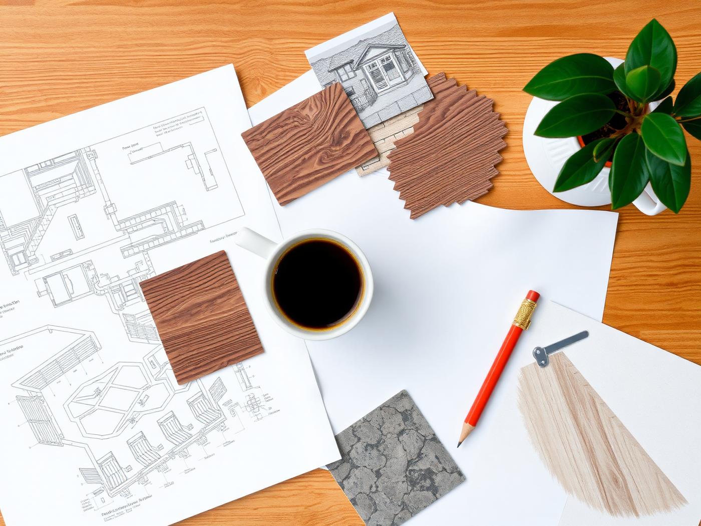 Design desk with drawings and material samples