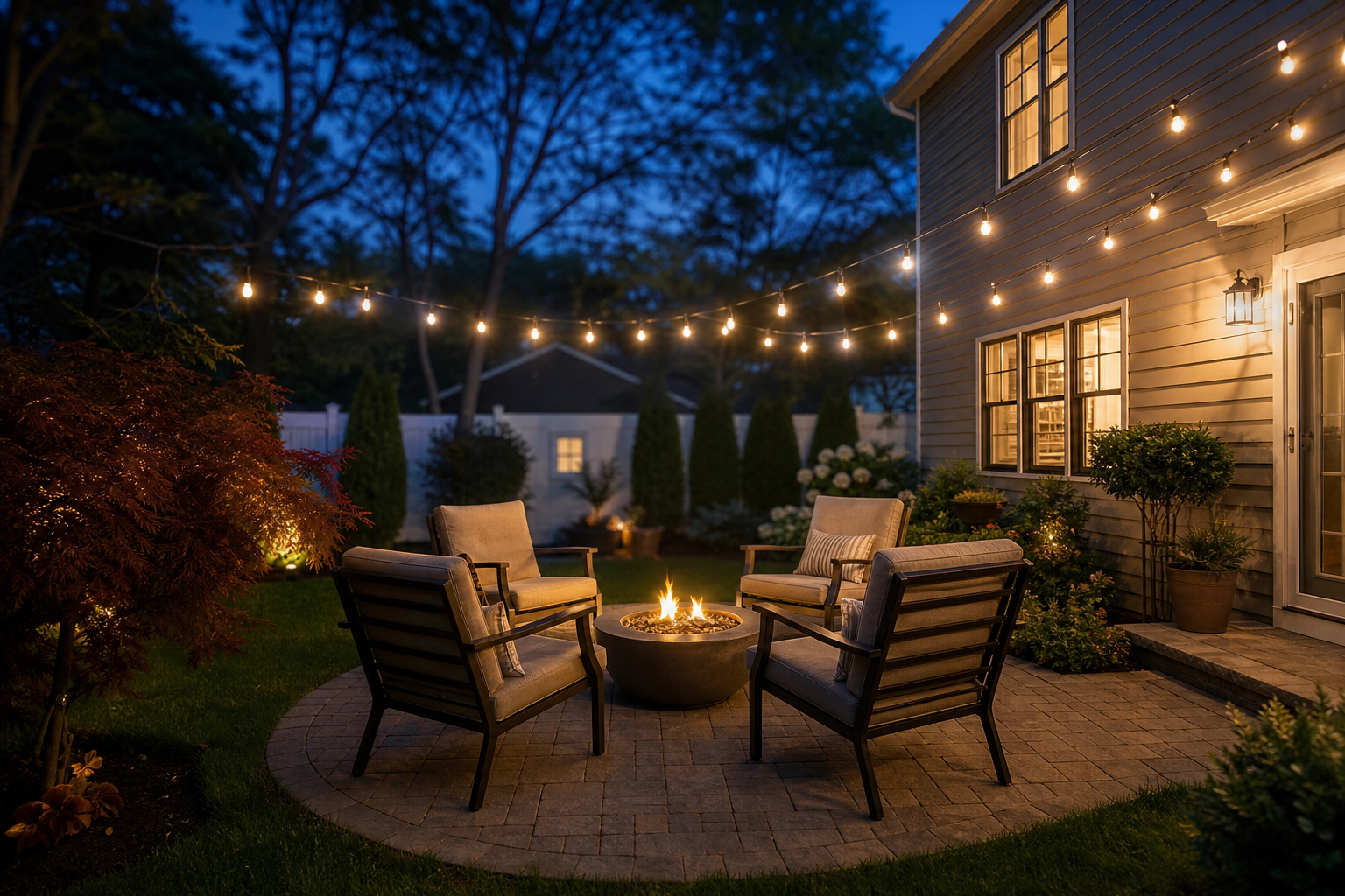 Circular fire pit with string lights and landscape lighting at dusk in a Northern New Jersey backyard — representative design concept