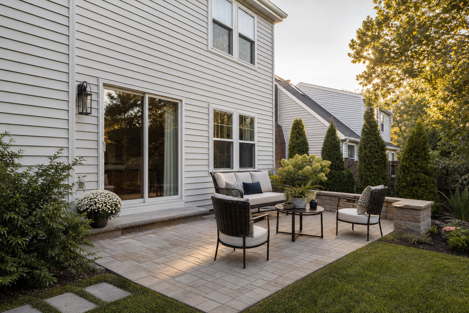 Premium paver patio with stone retaining wall planter and outdoor seating at a suburban NJ home — representative design concept