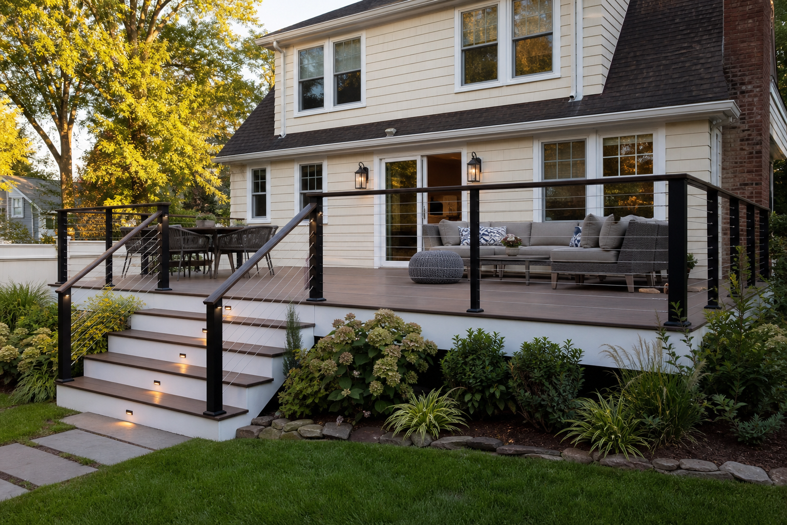 Renovated composite deck with integrated stair lighting and cable railings at a Northern New Jersey home — representative design concept