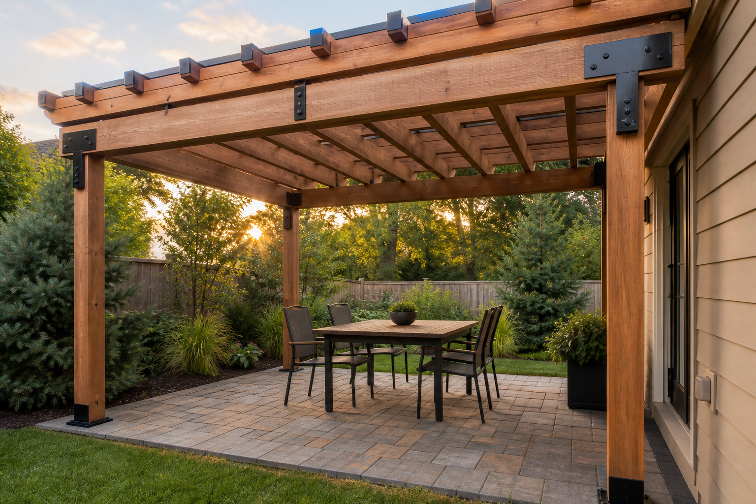 Timber pergola with black metal brackets over a paver patio attached to an upscale home — representative design concept