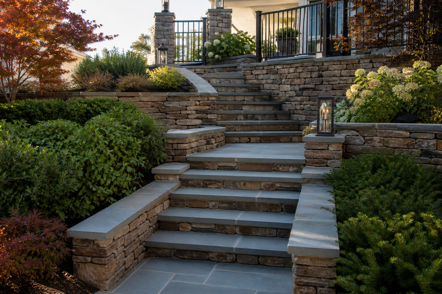 Full cut bluestone staircase integrated into a landscaped backyard grade change — representative design concept