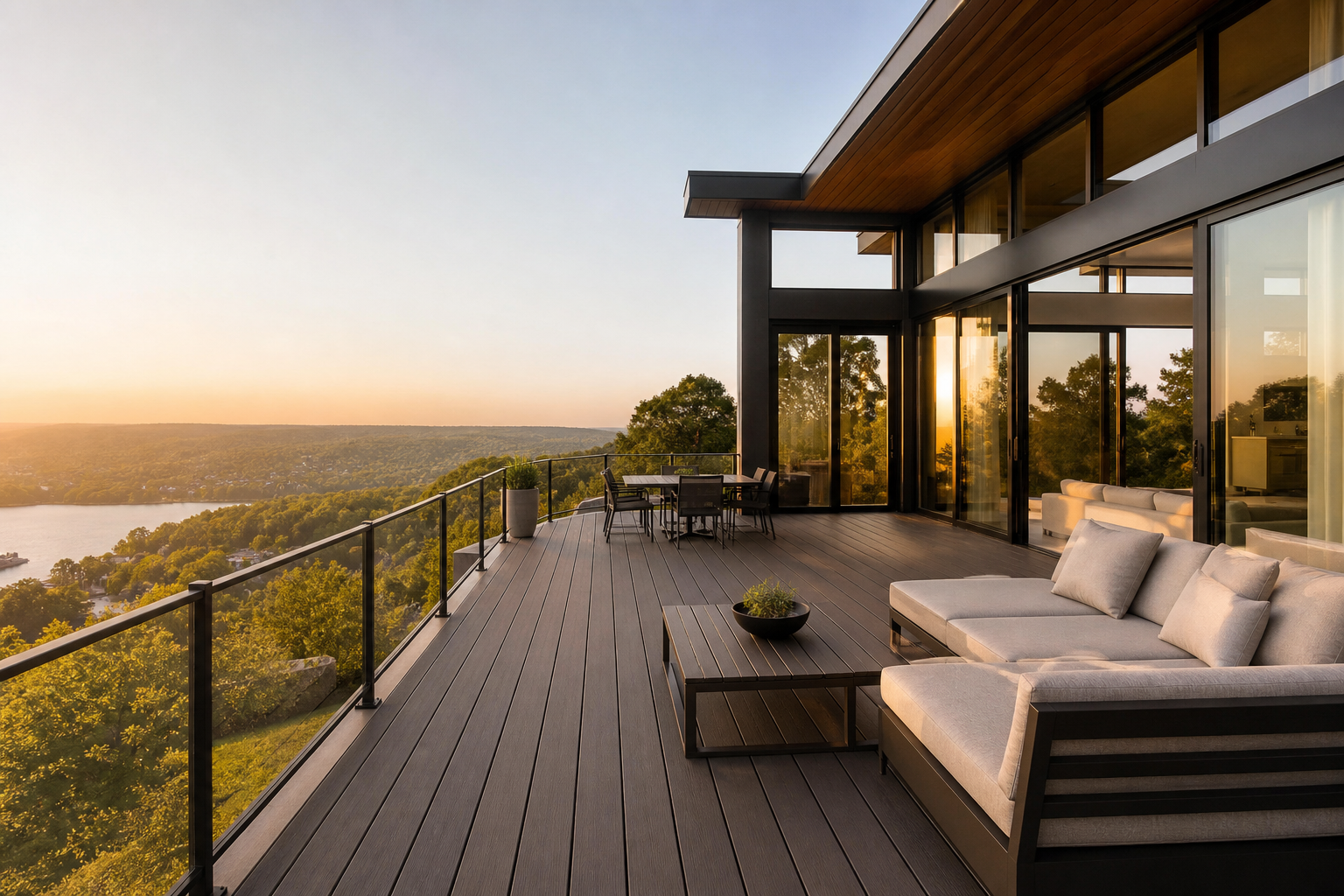 Contemporary dark composite deck with glass railing on a modern Northern New Jersey home — representative design concept