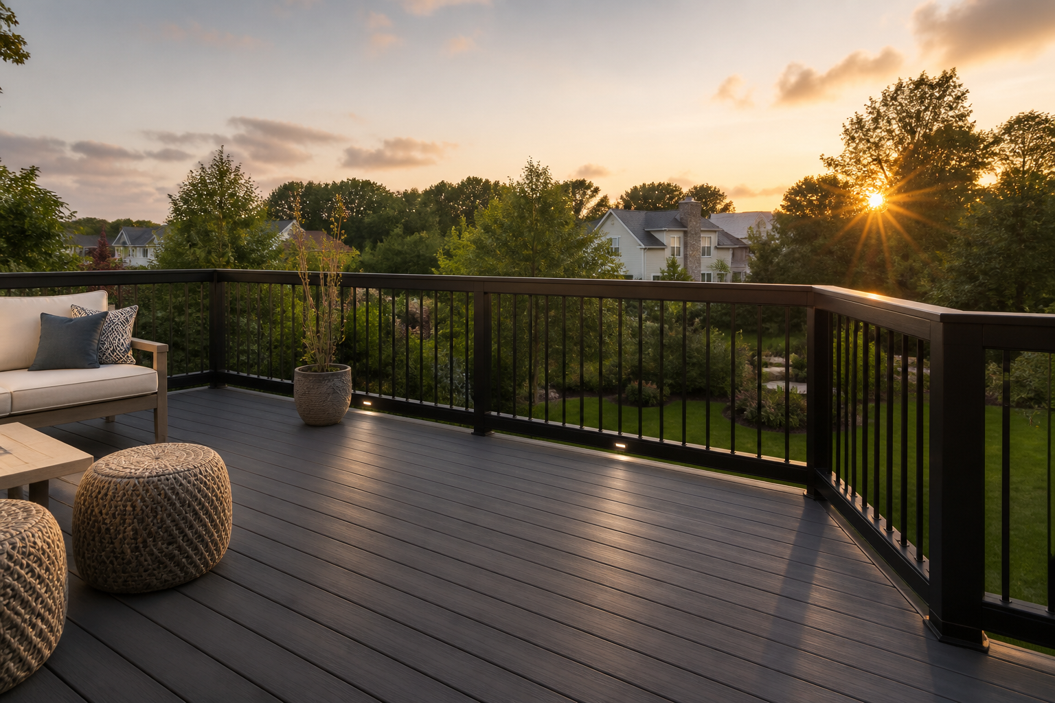 Charcoal composite deck with black aluminum railing and picture-frame border — representative design concept
