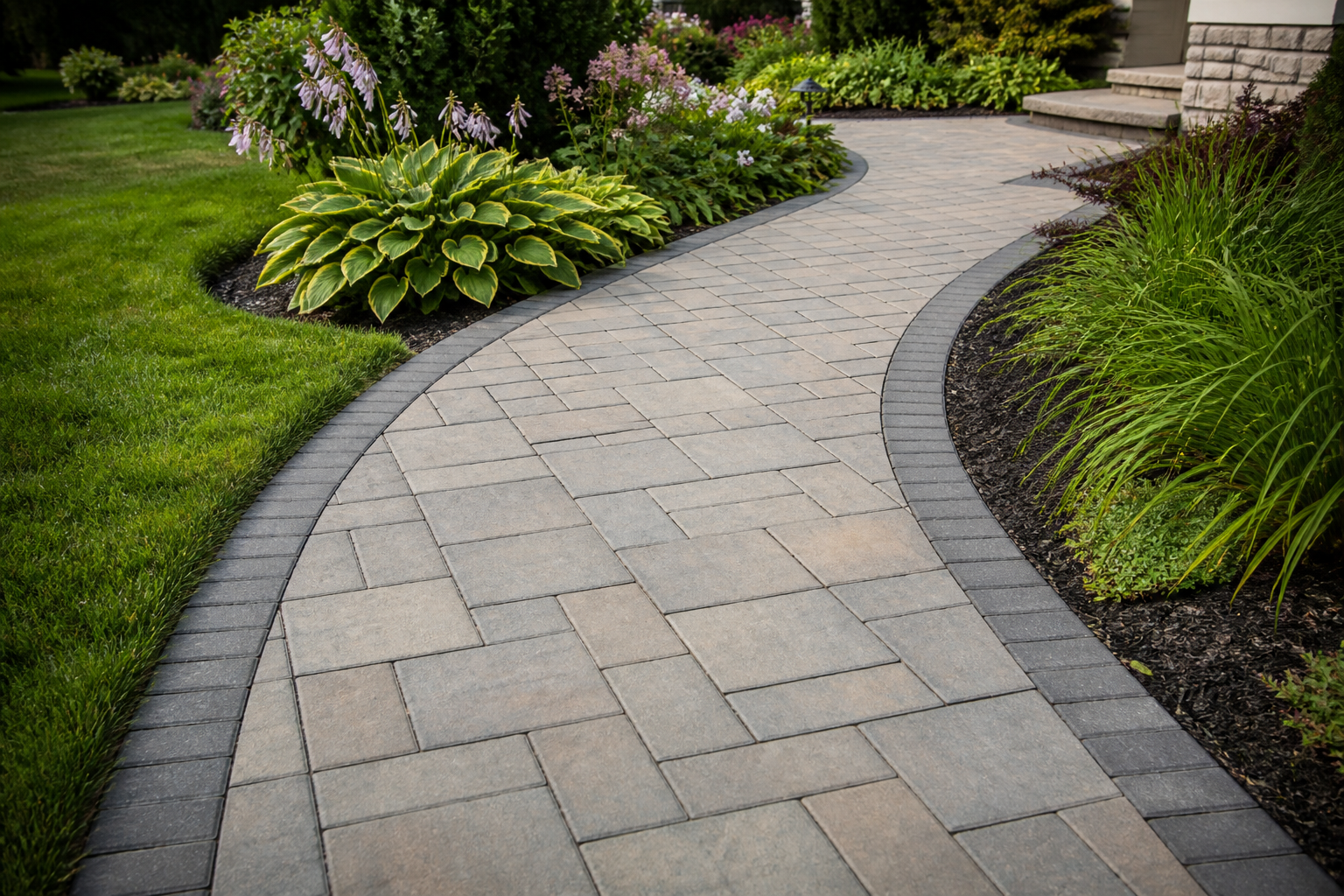 Paver walkway with leading lines bordered by lawn and plantings — representative design concept