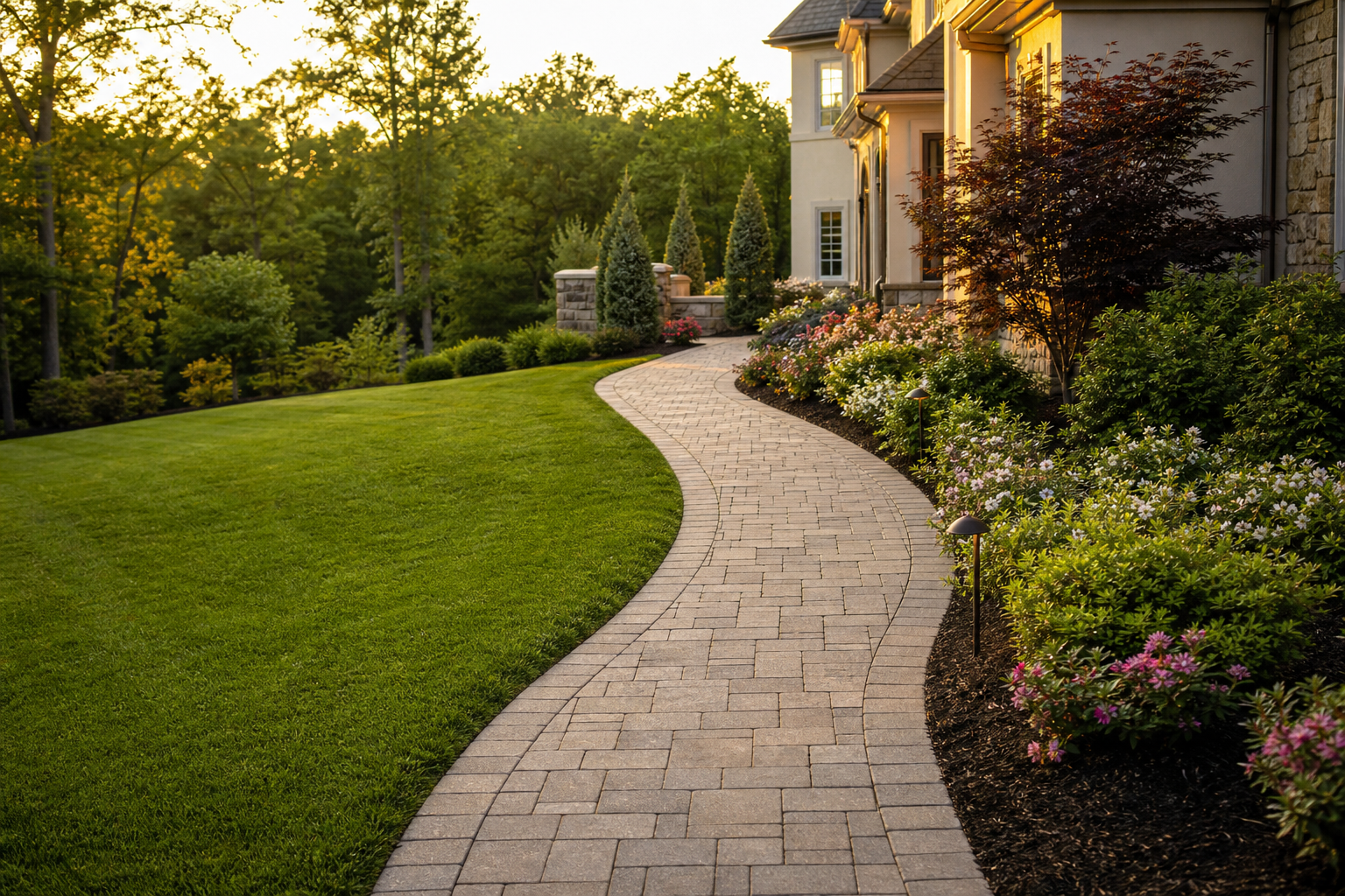 Curving paver walkway through a landscaped Northern New Jersey residential property — representative design concept